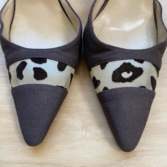 Manolo Blahnik D'orsay Brown Linen Leopard Accent Pumps Pointed Toe Sz 39 / US 9 - Picture 2 of 11